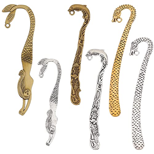 SUNNYCLUE 1 Box 12Pcs Metal Bookmarks Hook Bookmark Vintage Style Alloy Hook Bookmarks Hairpin Carved Mermaid Book Markers Dragon Charm Pendants for Books Lovers Teacher's Day Back to School Gift - color: 12pcs 6 Styles Sea Hook Bookmarks Mixed Color