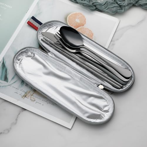 DEVICO Travel Utensils with Case, 5 Piece Portable Silverware Set for Work - color: Black
