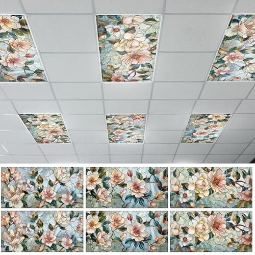 Wiooffen 6 Pcs Fluorescent Light Covers with 60 Magnets Decorative for Classroom Ceiling Light 4 x 2 Feet Magnetic Light Covers Filter Easy Install for Office Hospitals & Home(Retro Magnolia) - color: As shown in the figure