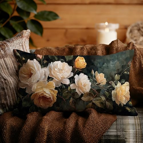 Vintage Spring Summer Dark Green Floral Pillow Covers 12x20 Double-Sided,Rustic Farmhouse Easter Wildflower Flower Botanical Decorative Throw Pillow Covers for Home Bedroom Living Room - color: Floral-15, size: 20" x 12" (Pack of 1)