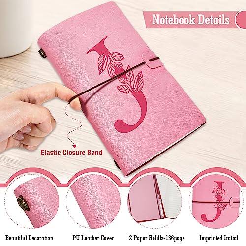 Personalized Journal Gift-Pink Initial Leather Journal+Heart Diamond Pen Set,Travel Notebook Diary Gifts,Refillable Notepads,Christmas,Birthday Gifts for Women Girls (7.9"x4.7") (J) - style: J
