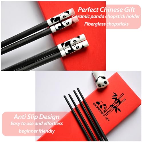 Panda Chopsticks Set with Rest, Reusable Fiberglass Non-Slip, Gift Box