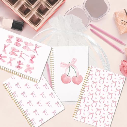 CNhoqc Pink Coquette Journal Notebook, 4 Sets A5 Ballpoint Pen Organza Bag - color: 4-Set Pink Bow