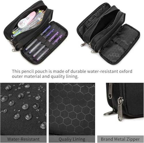 Large Capacity Pencil Case, Aesthetic Pencil Pouch with 3 Compartments - color: 01-3BK