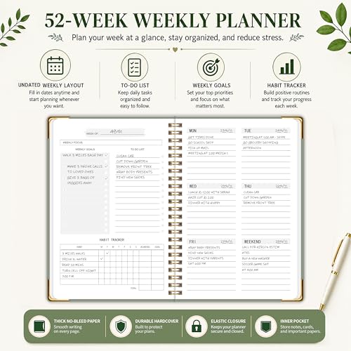 Undated Weekly Planner, Weekly To Do List Notebook with Habit Tracker, A5 - color: Green