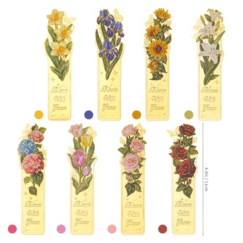 8 Pieces Metal Clip Bookmarks, Golden Hollow Floral Bookmark Monet Oil Painting Theme Book Mark Birthday Funny Art Gifts for Women Book Lovers Writers Readers Children Teens Men - style: 8Pcs Flower Clip