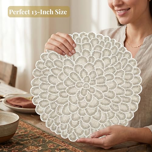 Handmade Beaded Placemats - 13 Inch Round Dining Table Mats - Elegant Glass Beads with Cotton Backing - Decorative Tableware for Weddings, Holidays, and Home Décor (Ivory White) - ALPHA Living HOME - color: Ivory White, size: Set of 1