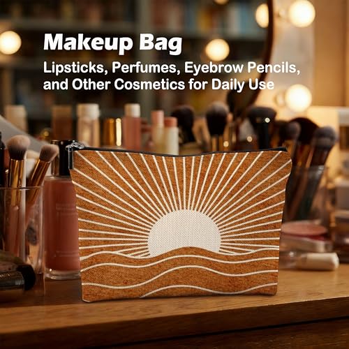 Abstract Boho Sun Sunlight Makeup Bag, Retro Mid Century Modern Burn Orange Boho Sunset Sunrise Cosmetic Bags Toiletry Bag Makeup Pouch - color: Boho - Sun