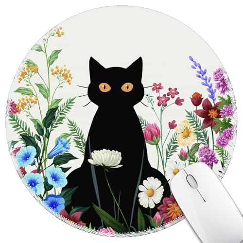 Hancynir Black Cat Floral Round Mouse Pad, Small Mousepad for Office Desk - color: Floral Cat White