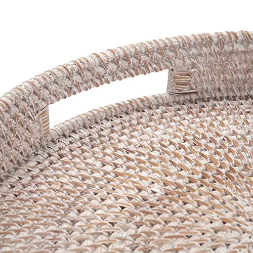 Coffee Table Tray Round Rattan Ottoman Tray Woven Serving Trays with Handles for Home and Kitchen Decorative White (Large 14 inch x 2.4 inch) - color: Whitewash, size: 14"
