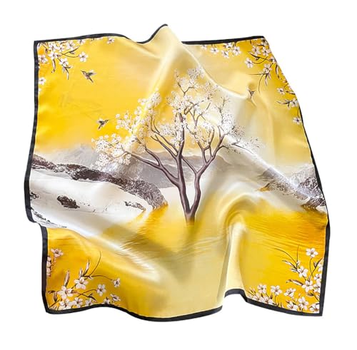 JERLA 100% Mulberry Silk Neck Scarf 21"x21" Small Square Scarfs for Women Gift Packed - color: Yellow Tree