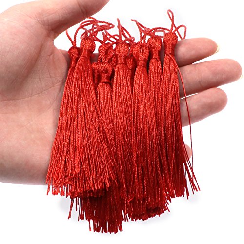 VAPKER 100 Pieces Red Tassels 13cm/5-Inch Silky Handmade Soft Tassels Floss Bookmark Tassels with 2-Inch Cord Loop for Jewelry Making, DIY Projects, Bookmarks - color: C:red