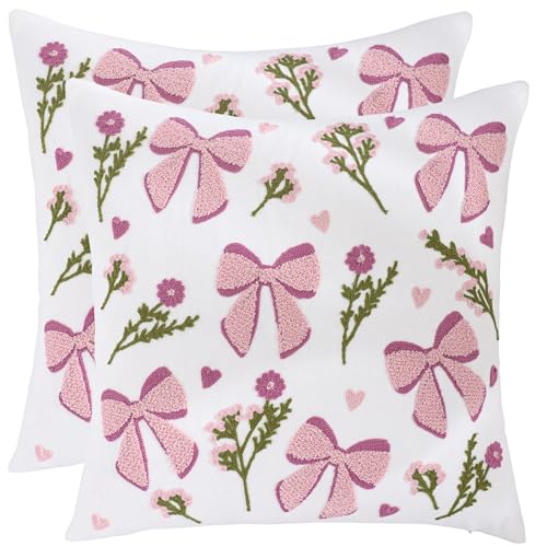 LUOYEHK Spring Embroidered Pillow Covers 18x18 Inch Set of 2 Decorative Throw Pillow Cover Pink Bow and Flower Soft Cushion Case Square Pillowcase for Couch Sofa Bed Living Room - color: Bow