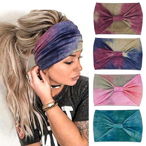 YONUF Wide Headbands for Women, 4 Pack Boho Knotted Head Bands Red Tie Dye - color: Red Tie Dye