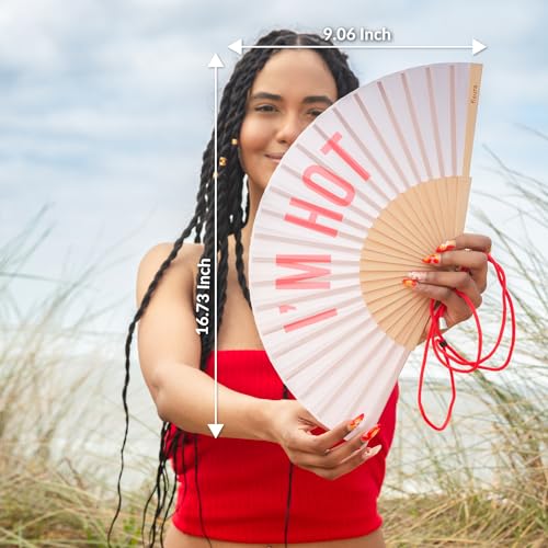 Fisura – Original folding fan with message I’m h*t, wooden handheld fan for women, perfect for rave, wedding, party, birthday, gift or fun summer decoration - color: I'm H*t, Beige