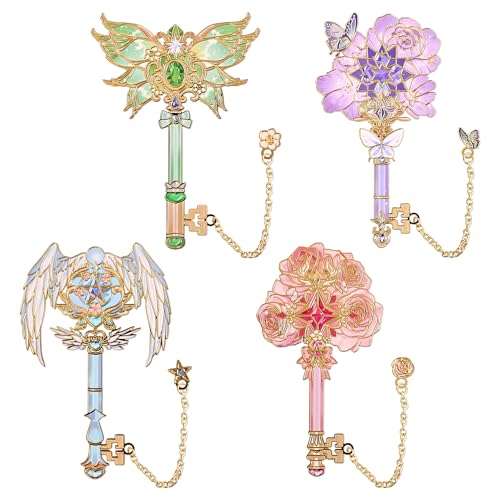 4pcs Metal Bookmarks Set for Reading Women and Men, Enchanted Floral Wing Key Magic Reading Accessories, Fantasy Book Marks Gifts for Book Lovers Readers Kids Page Holders with Flower Feather Designs