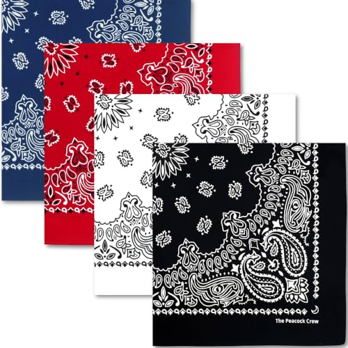 The Peacock Crew Premium Soft Cotton Bandanas Pack for Men and Women Paisley 22 x 22 inches - color: Pack of 4 Black White Red Navy