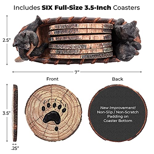 Cabin Obsession Bear Coasters - Set of 6 Full Size Rustic Coasters in Handmade Canoe with Adorable Black Bear Figurines - Log Cabin Decorations, Rustic Lodge Decor for The Home - style: Bear Coaster