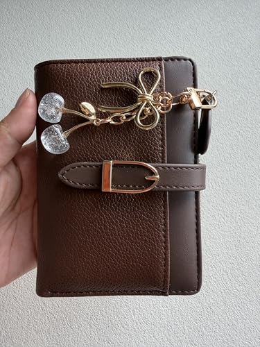 Small Wallet for Women PU Leather Trifold Card Holder with Coin Pocket & Cute Cherry Keychain (Coffee) (Coffee)