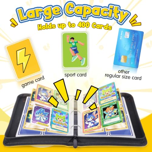 Card Binder, 4-Pocket Design, 400-Card Capacity with 5 Top loaders(Yellow Bolt) - color: Yellow Bolt, size: 4-Pocket