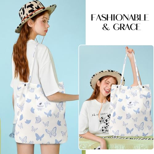 Ayieyill Corduroy Tote Bag for Women Canvas Shoulder Cord Purse with Inner Pocket - color: Blue/Butterfly
