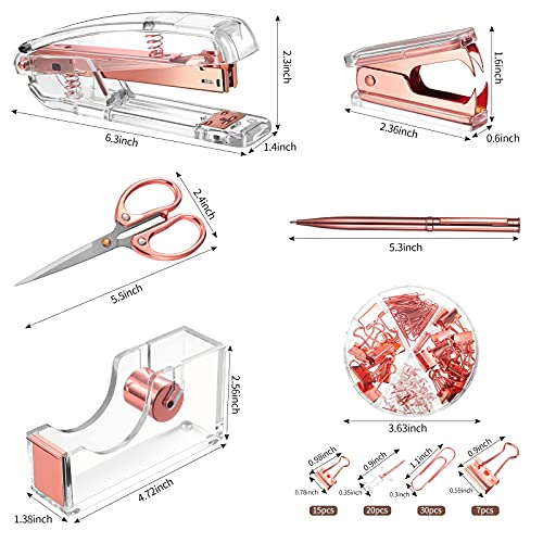 Office Supplies Set Desk Accessory Kit, Acrylic Stapler Set Staple Remover, Tape Dispenser, Binder Clips, Paper Clips, Ballpoint Pen and Scissor with 1000 Pieces 26/6 Staples (Rose Gold) - color: Rose Gold