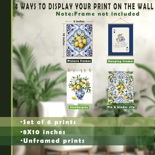 LUKIPOM Chinoiserie Lemon Summer Wall Art Posters 8x10in Set of 6,Amalfi Coast Grandmillennial Home Decor,Blue and White Porcelain Lemon Tree Prints Artwork for Kitchen Wall Decor, Unframed - color: Color 017