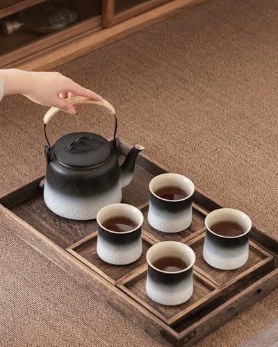 ZENS Japanese Tea Set with 4 Cups, 33.8oz Ceramic Infuser Pot for Loose Tea - color: Black/White, size: 33.8oz Teapot&4 of 8oz Cups