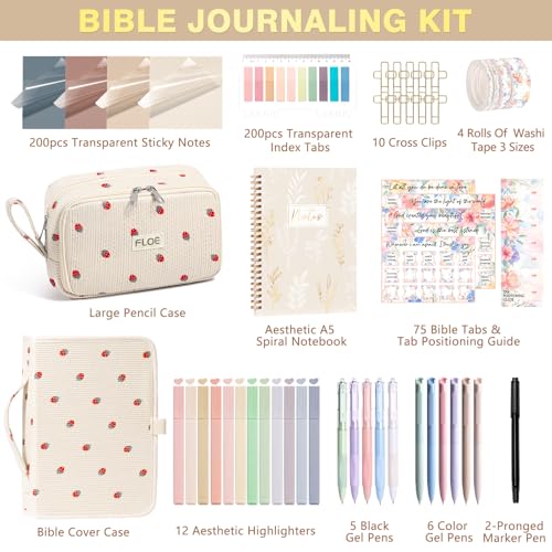 Bible Study Supplies Journaling Annotation Kit w/Bible Cover Case for Women - color: Beige Strawberry