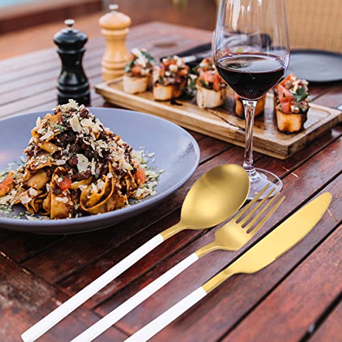 AARainbow 8 Pieces Stainless Steel Flatware Set Portable Reusable Cutlery Set Travel Utensils Set Including Chopsticks Knife Fork Spoon Straws Cleaning Brush Dishwasher Safe (B-White Golden) - color: B-White Golden