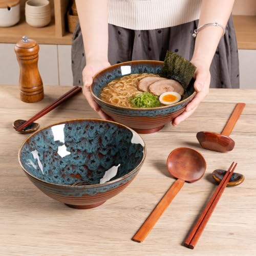 40oz Japanese Ceramic Ramen Bowl Set of 2 with Chopsticks and Spoons for Pho Udon Asian Soup Noodles (Peacock Tail) - color: Peacock Tail