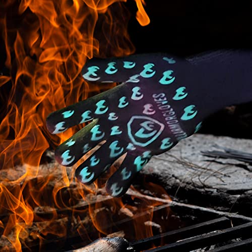 Grill Armor Oven Gloves with Fingers – 932°F Heat, Fire & Cut Resistant Mitts for BBQ, Grill, Cooking, Grilling, Baking, Smoker & Fire Pit - color: Green Glow in the Dark, size: One Size Fits Most Standard Cuff