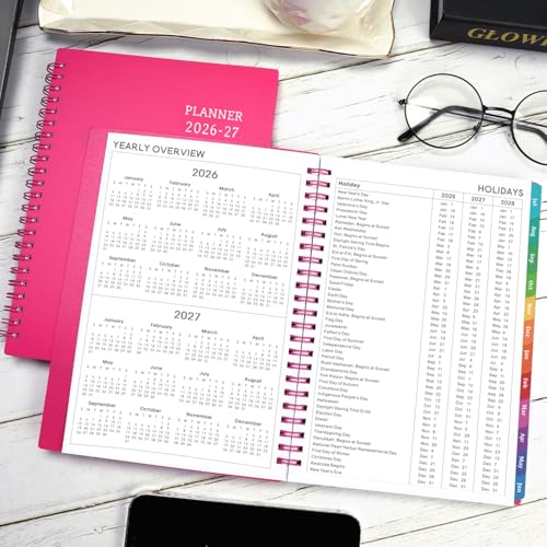 Planner 2026-2027 - 2026-2027 Academic Planner, 2026-2027 Planner Weekly and Monthly with Tabs, July 2026 - June 2026, 6.25" × 8.3", Strong Twin-Wire Binding - color: Rose Red