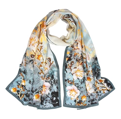ANDANTINO 100% Silk Long Scarf-Women Large Oblong Shawls with Gift Packed - color: Gold&blue