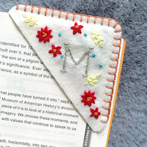 Personalized Hand Embroidered Corner Bookmark, Cute Flower Book Mark, Hand Stitch Gift for Women Book Lovers (M, White) - color: White, size: M