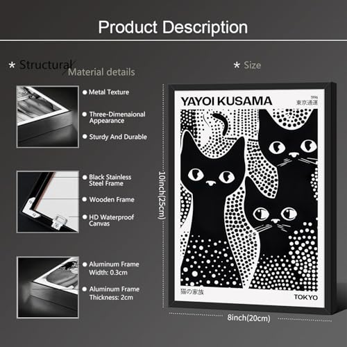 Cute Black Cat Poster Japanese Yayoi Kusama Wall Art 08x10 inch Black Framed Trendy Animal Canvas Prints for Bedroom Dorm Wall Decor Cat Lover Gifts - color: Trendy 5-BFramed, size: 10"L x 8"W