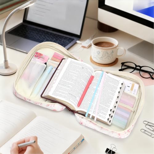 XKDOUS Bible Cover Case for Women Bible Bag Journaling Kit w/Study Supplies - color: Pink Bow Patchwork, size: Large