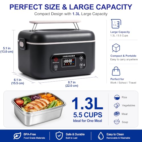 LONICERA Cordless Electric Lunch Box, 12000mAh Battery, 1.3L, Space Gray