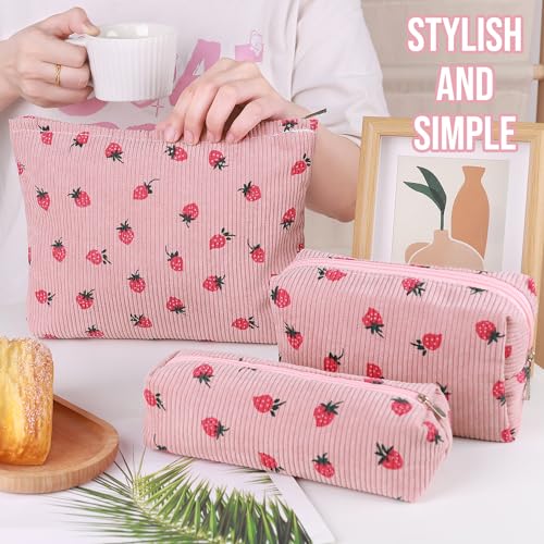 3 Pcs Makeup Bag Cosmetic Bag Set for Girls Women Travel Organizer Bathroom Toiletry Pouch Large Capacity Storage Bag (Strawberry Pink) - color: Strawberry Pink