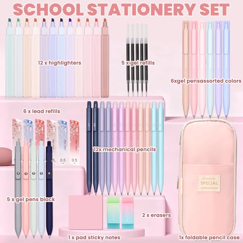 50 PCS Aesthetic School Supplies with Cute Pen Case,12 Pastel Highlighters,5 Black Ink Gel Pens, 12 Mechanical Pencils Set 0.5 & 0.7 mm 6 Color Gel Pens for Students Stationary College Essentials Pink - color: Pink