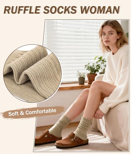 Justay 6 Pairs Ruffle Socks Women, Crew Cotton Frilly Boot Socks - color: Black Brown Coffee White Beige Grey