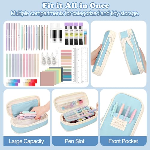 MoKo Pencil Case with Supplies, 60Pcs Aesthetic School Set, Blue - color: Blue-60P