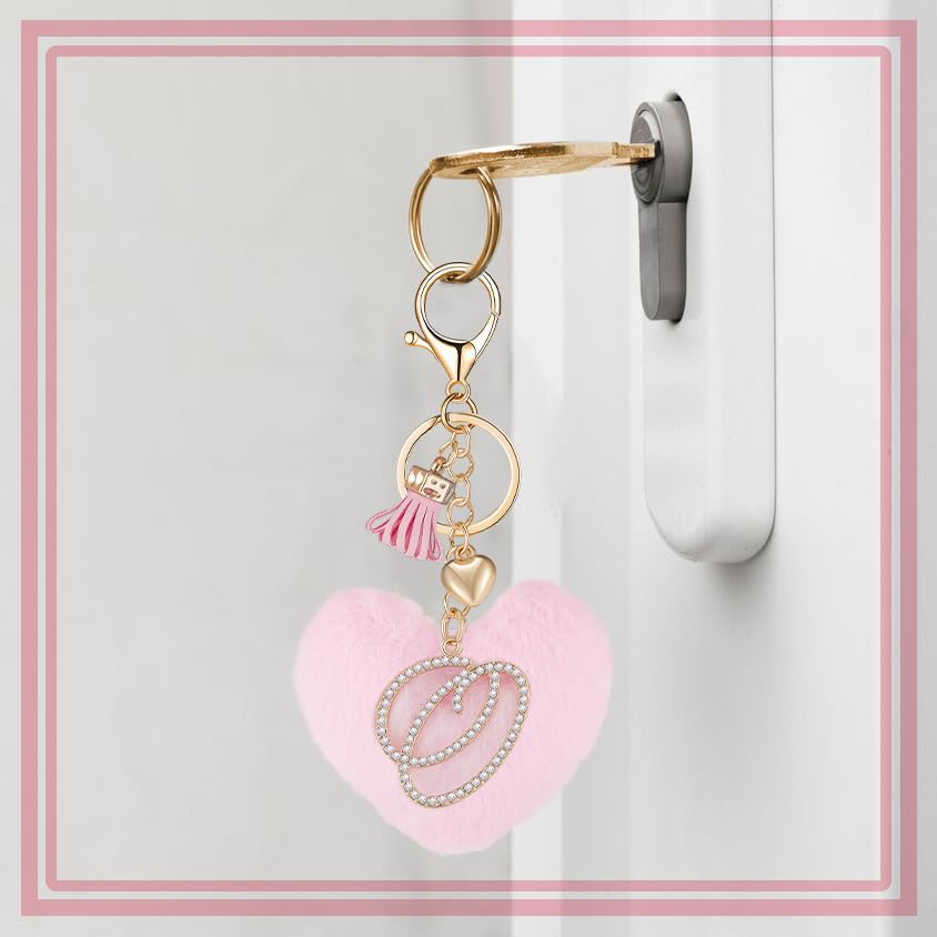 Initial Letter Heart Pom Pom Keychain for Women Pink Soft Fluffy Ball Key Ring for Purse Backpack Handbag - color: O