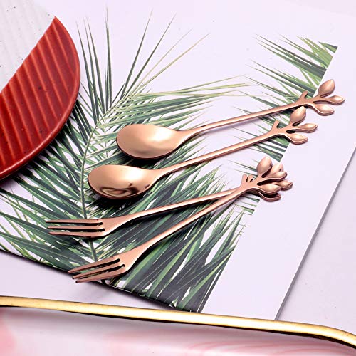 AnSaw 10-Pc Rose Gold Mini Spoons & Forks Set, 4.7" - Leaf Handle - color: Rose Gold