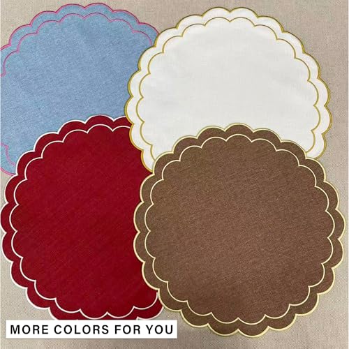Linen Cotton Placemats Set of 4 Scalloped Flower Embroidery Place Mats 15'' Natural Linen Texture Fabric Machine Washable Table Mats for Restaurant Kitchen,Table Decor(White) - color: White