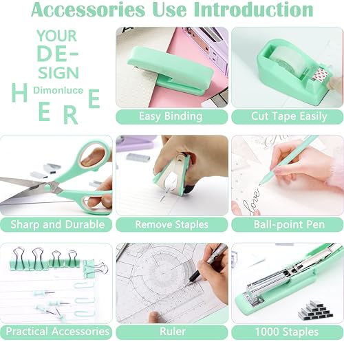 Dimonluce Green Office Supplies, Teal Desk Accessories Accessories with Tape Dispenser, Stapler, Staple Remover, 1000 Staples, Tape, Clips Set, Ruler, Scissor, Pen - color: Green