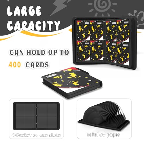 Trading Card Binder 4 Pocket,Card Binder 400 Pockets,Card Book Holder Cards with 50 Removable Sleeves,3-Ring Zip Design MTG/TCG/Sport Collectible Trading Card Albums Gifts for Boys and Girls (Black) - color: Black, size: Small