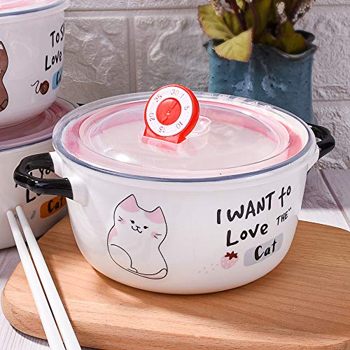Ceramic Soup Bowl with Lid and Handles, 750 ML Cute Cartoon Cat Ramen Bowl
