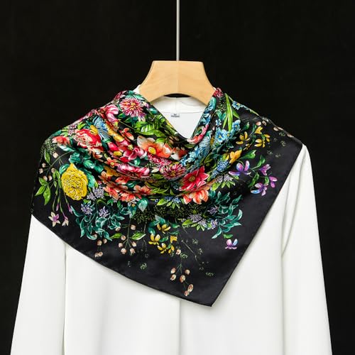 100% Mulberry Silk Scarf - 25.6" Square Neckerchief & Headscarf Gift Packed - color: Black-garden