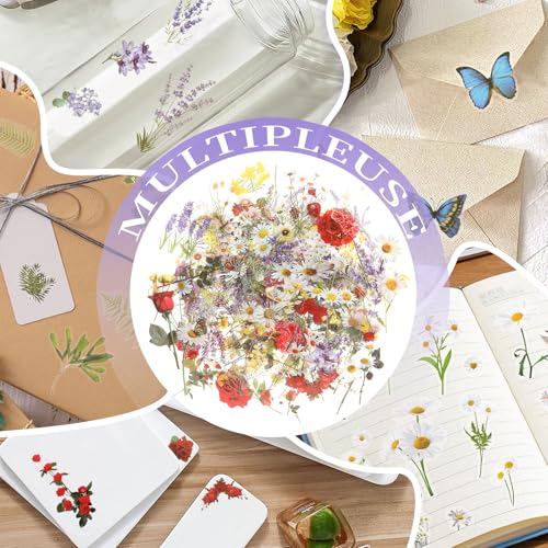 543PCS，70 Sheets Natural Flower Stickers for Scrapbooking，Self-Adhesive Transparent Flower Sticker ，Botanical Journaling Stickers for Letter Writing, DIY Journaling, and Laptop Personalization